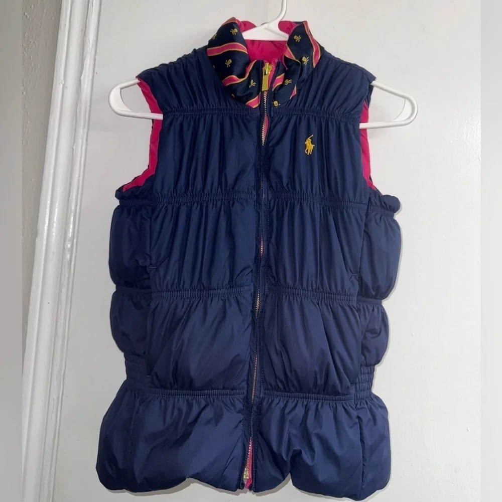 Ralph Lauren Girls Reversible Full Zip Down Puffer Vest Size 8-10 Pink/navy blue